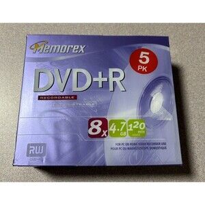 New! Memorex DVD+R 5 Pack 8x 4.7GB 120 Min Recordable Blank DVDs Blank Media